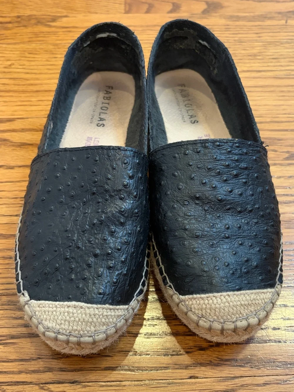 Fabiolas Black Leather Ostrich Pattern Espadrilles
